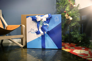 A large white and blue gift ribbon is attached to the Rabbit Air air purifier box.